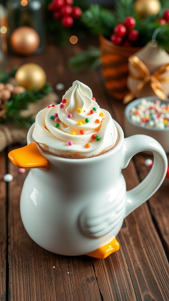 Duck Mug Recipe A duck-shaped mug filled with hot chocolate topped with whipped cream and sprinkles on a wooden table.